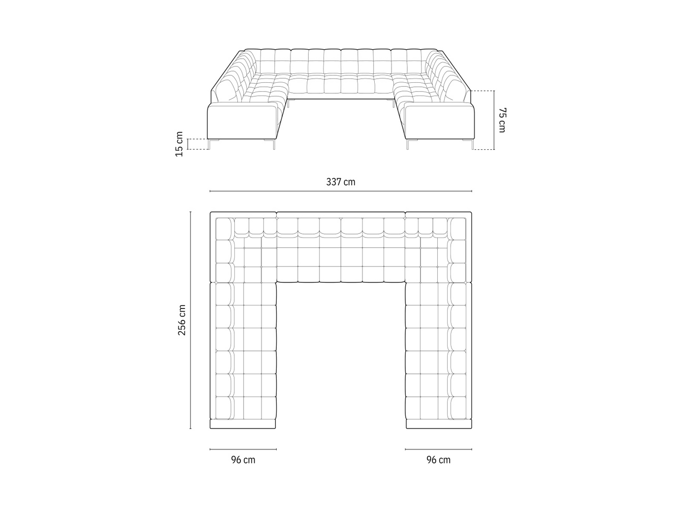 Cosmopolitan Design panoramasofa, "Bali", 9-personers, 327 × 256 × 75 cm, Neve, guldfarvede metalben