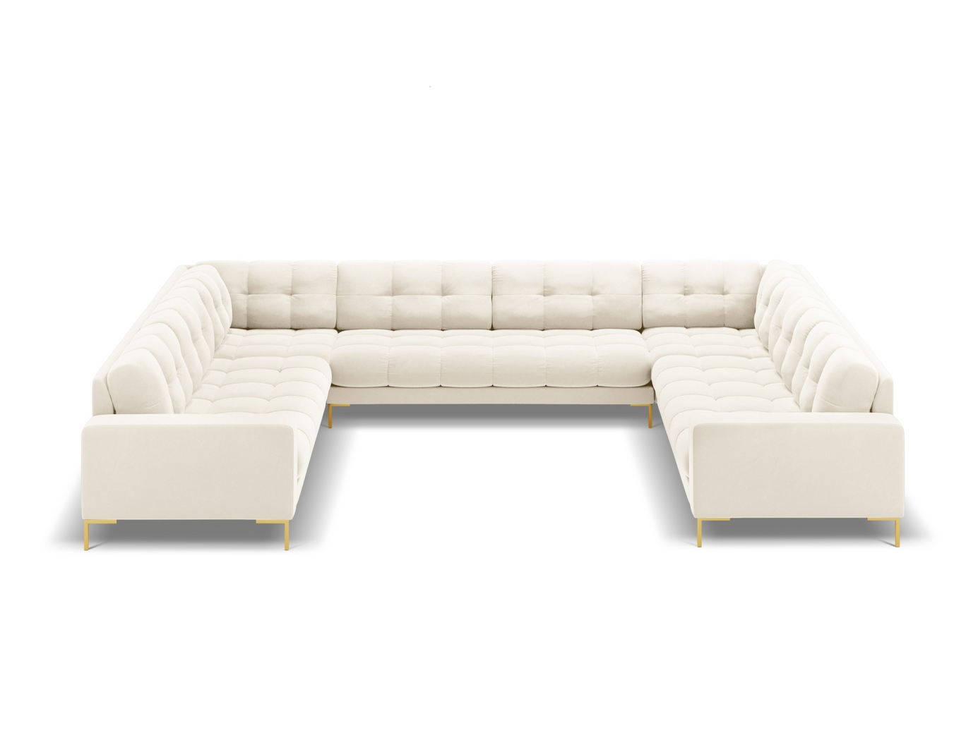 Cosmopolitan Design velourpanoramasofa, "Bali", 9-personers, 327 × 256 × 75 cm, Bluvel, guldfarvede metalben