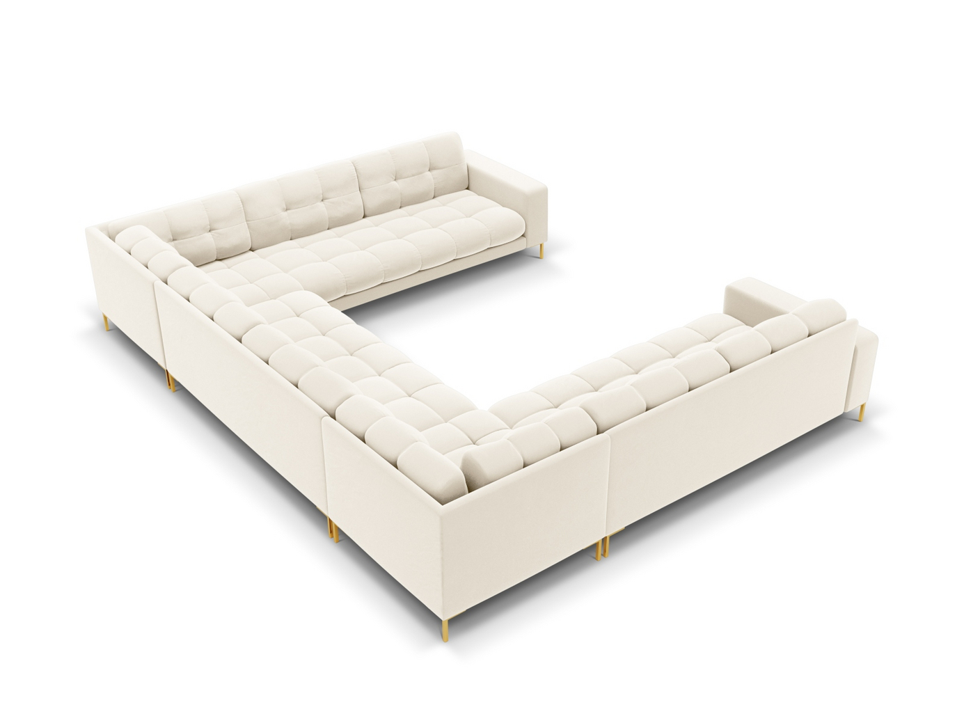 Cosmopolitan Design velourpanoramasofa, "Bali", 9-personers, 327 × 256 × 75 cm, Bluvel, guldfarvede metalben