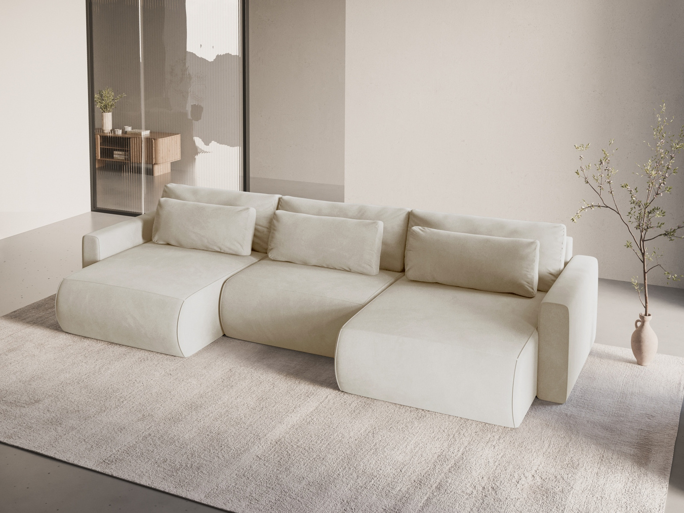 Cosmopolitan Design velourpanoramasovesofa med opbevaring, "Belfast", 4-personers, 340 × 149 × 84 cm, Magic Velvet, sorte plastben