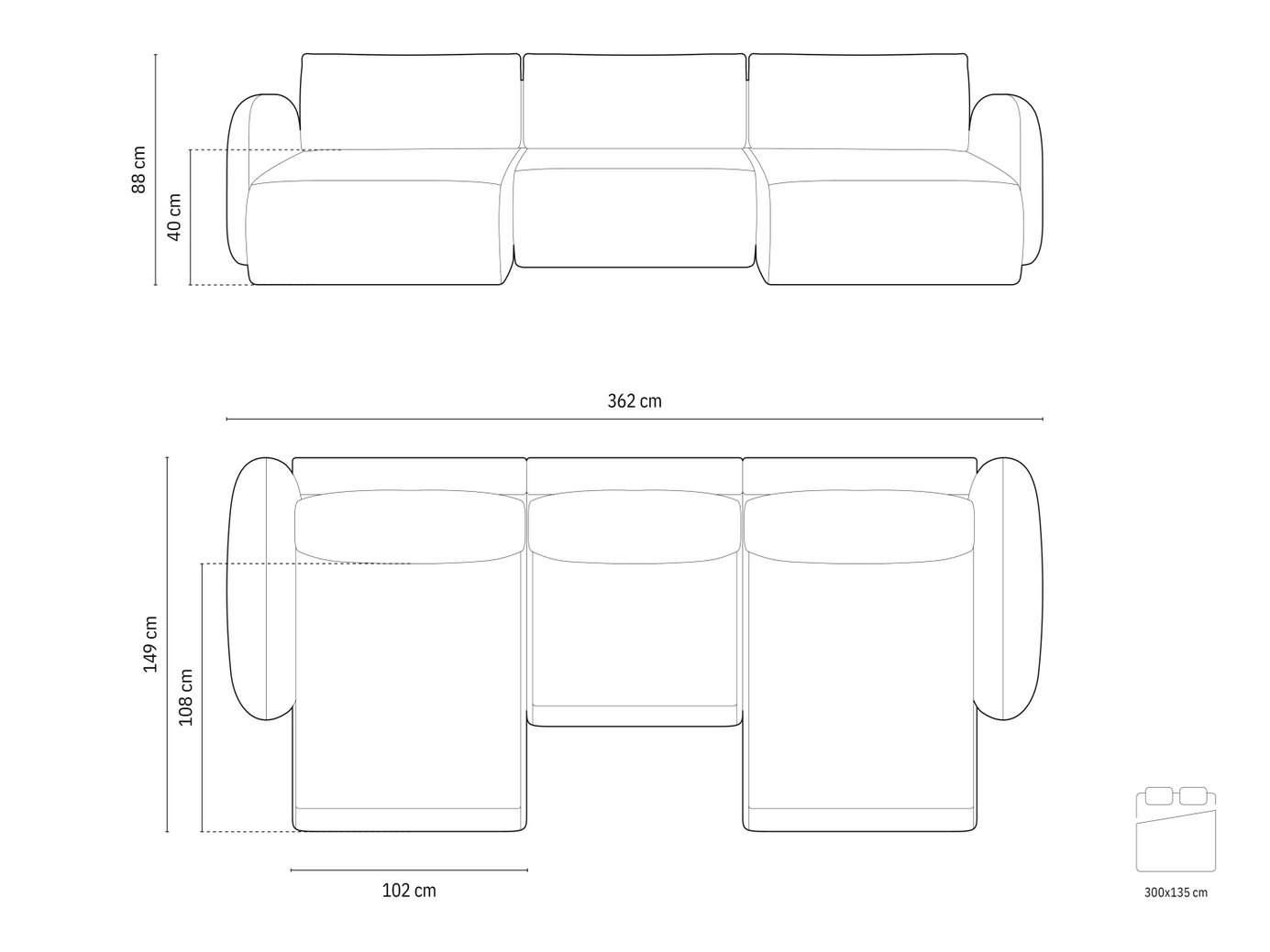 Cosmopolitan Design panoramasovesofa med opbevaring, "Tonale", 5-personers, 362 × 149 × 88 cm, Eden 10, sorte plastben
