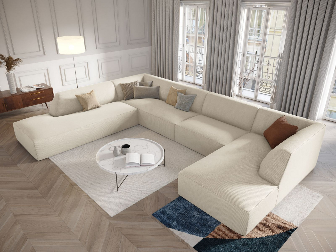 Cosmopolitan Design venstrevendt panoramahjørnesofa, "Siena", 7-personers, 366 × 273 × 69 cm, Scala, sorte plastben