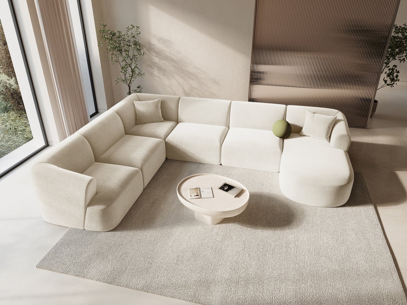 Cosmopolitan Design venstrevendt velourpanoramamodulhjørnesofa, "Campi", 7-personers, 330 × 255 × 70 cm, Vogue, sorte plastben