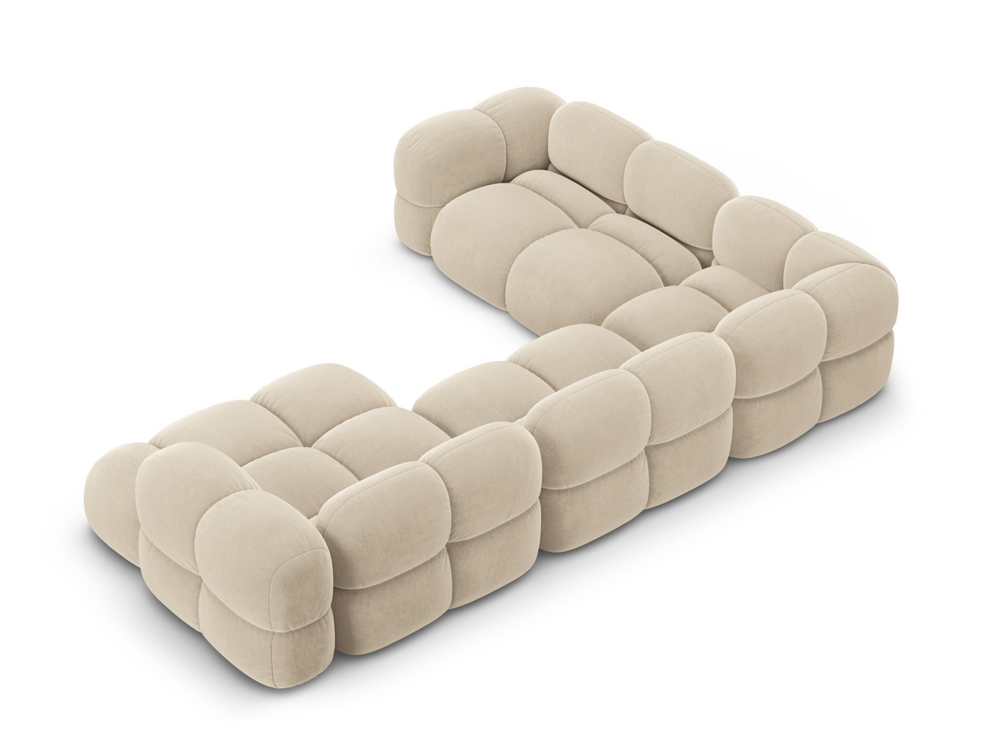 Cosmopolitan Design venstrevendt velourpanoramahjørnesofa, "Loretto", 5-personers, 345 × 250 × 68 cm, Vogue, sorte plastben