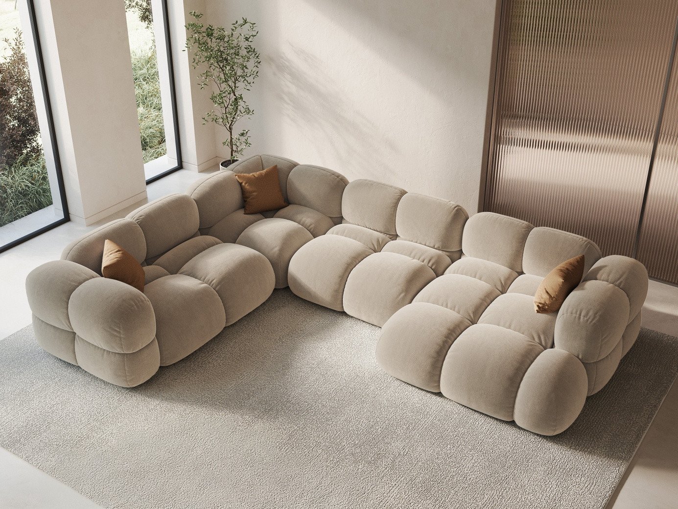 Cosmopolitan Design venstrevendt velourpanoramahjørnesofa, "Loretto", 5-personers, 345 × 250 × 68 cm, Vogue, sorte plastben