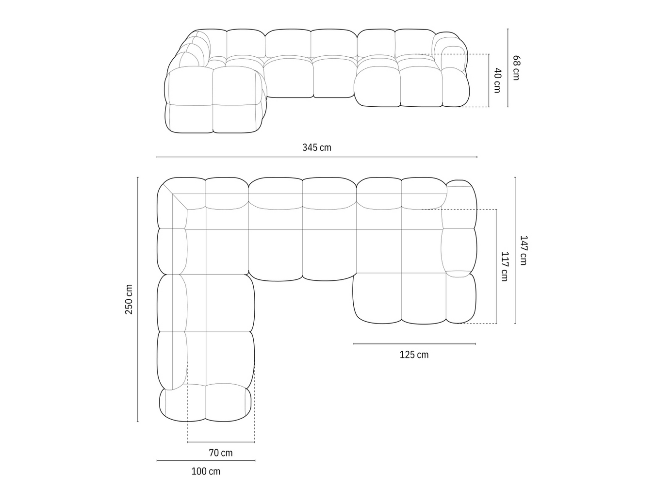 Cosmopolitan Design venstrevendt velourpanoramahjørnesofa, "Loretto", 5-personers, 345 × 250 × 68 cm, Vogue, sorte plastben
