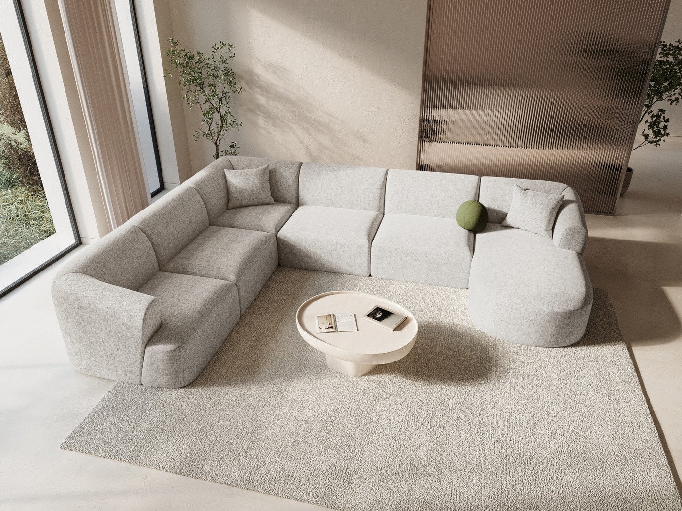 Cosmopolitan Design venstrevendt panoramamodulhjørnesofa, "Campi", 7-personers, 330 × 255 × 70 cm, Moly, sorte plastben