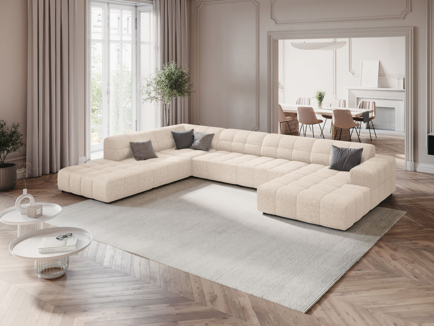 Cosmopolitan Design venstrevendt panoramahjørnesofa, "Chicago", 7-personers, 375 × 263 × 78 cm, Haga, sorte plastben