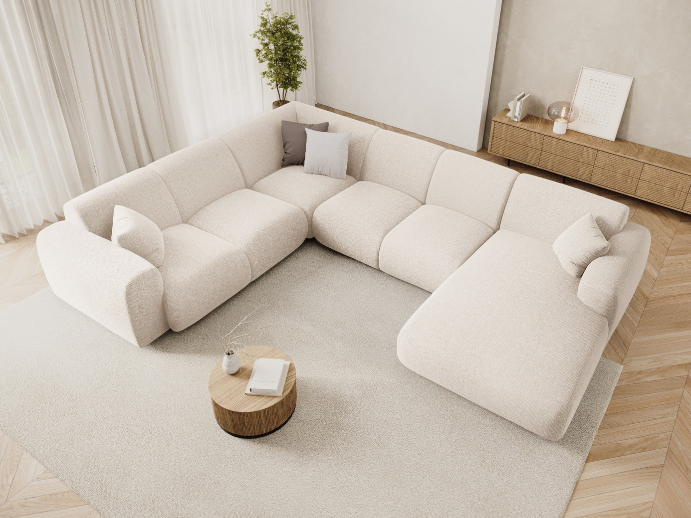 Cosmopolitan Design venstrevendt panoramahjørnesofa, "Nolio", 6-personers, 342 × 252 × 72 cm, Haga, sorte plastben