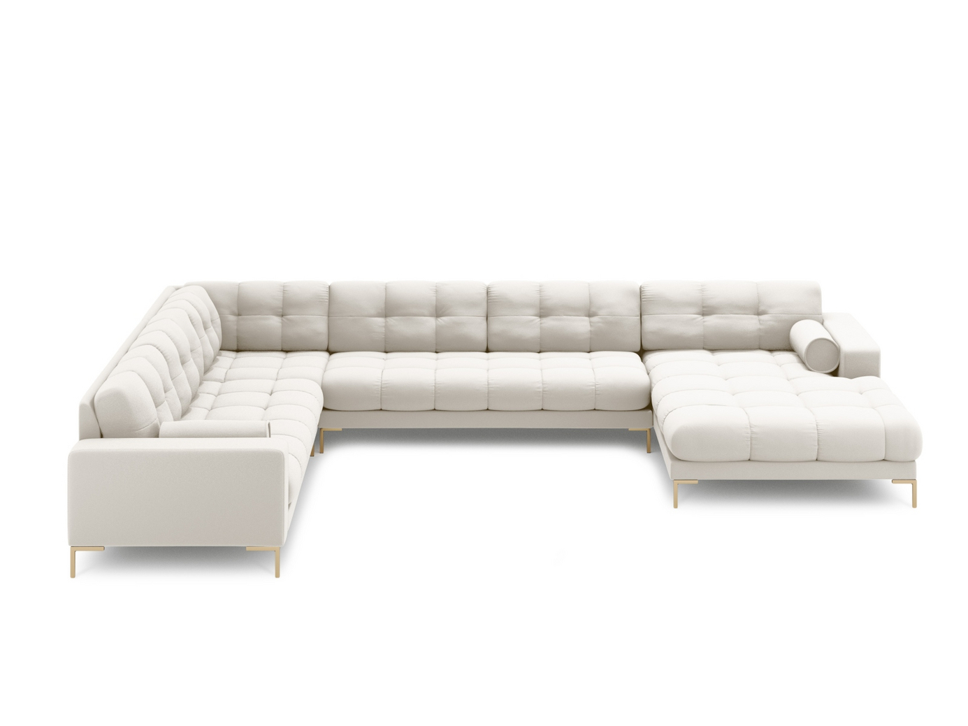 Cosmopolitan Design venstrevendt panoramahjørnesofa, "Bali", 7-personers, 327 × 256 × 75 cm, Neve, guldfarvede metalben