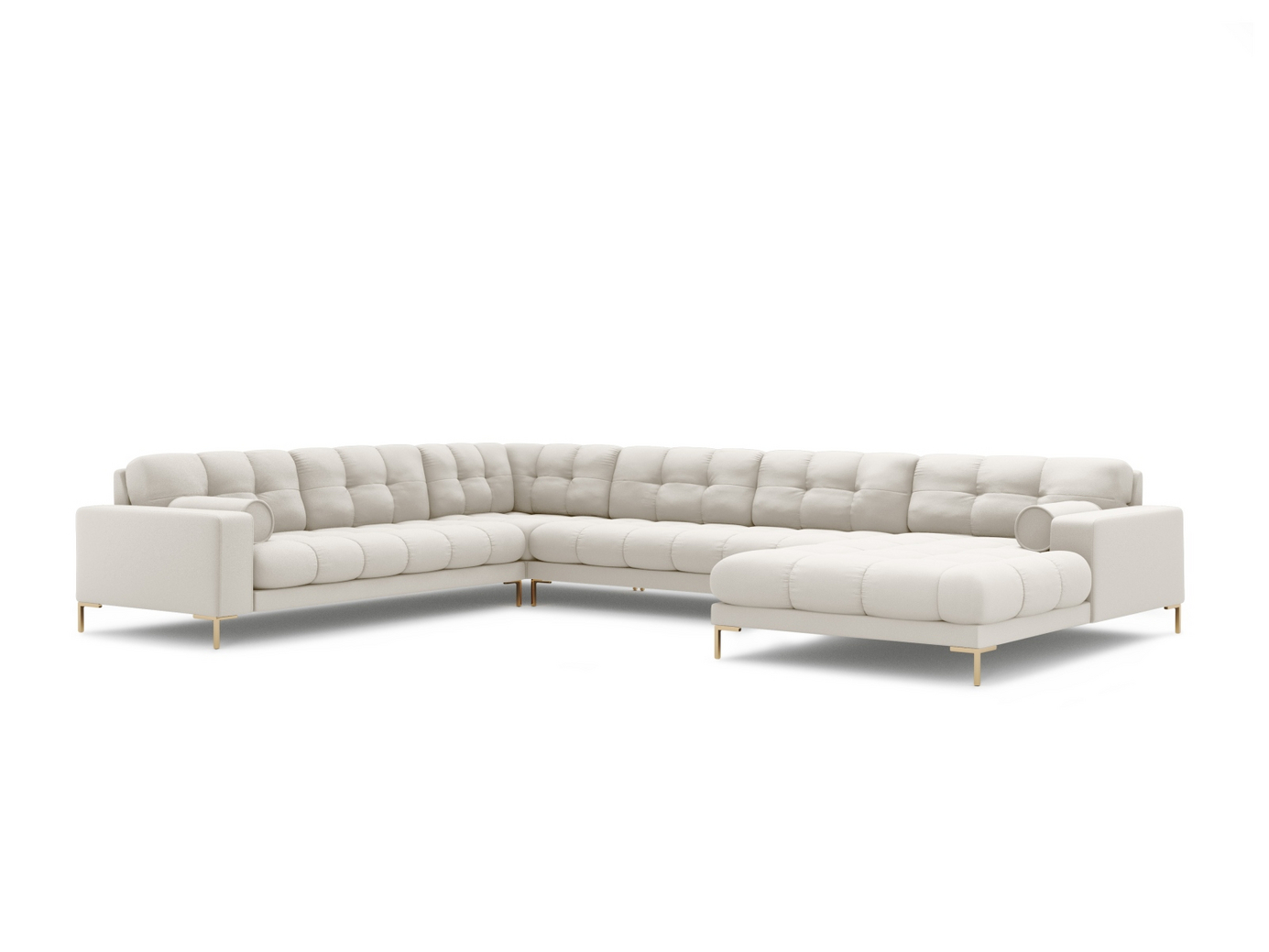 Cosmopolitan Design venstrevendt panoramahjørnesofa, "Bali", 7-personers, 327 × 256 × 75 cm, Neve, guldfarvede metalben