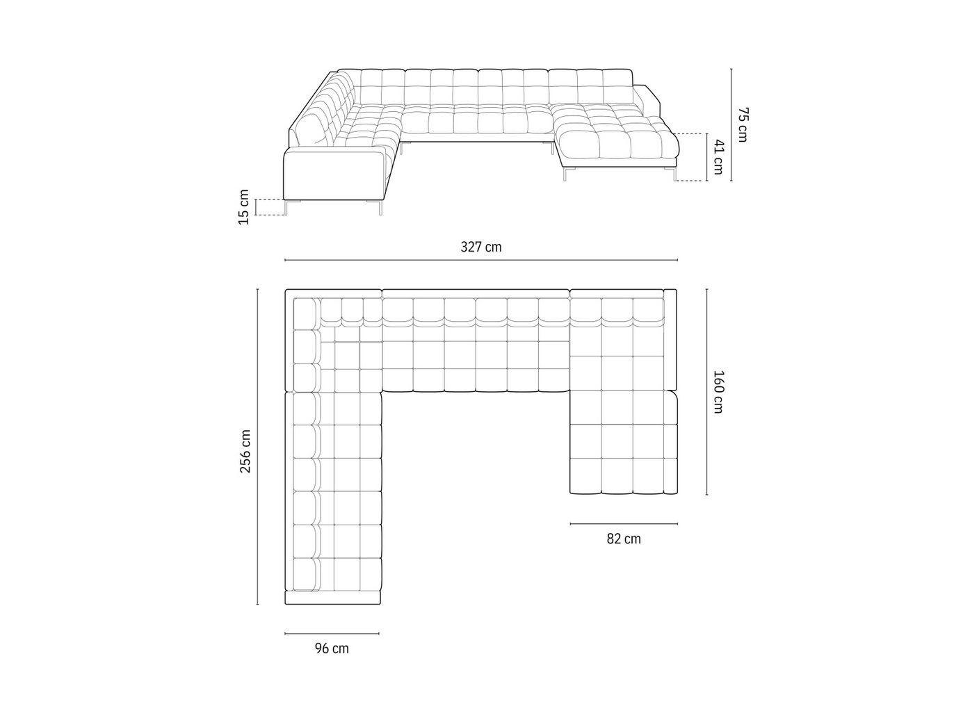 Cosmopolitan Design venstrevendt panoramahjørnesofa, "Bali", 7-personers, 327 × 256 × 75 cm, Neve, guldfarvede metalben