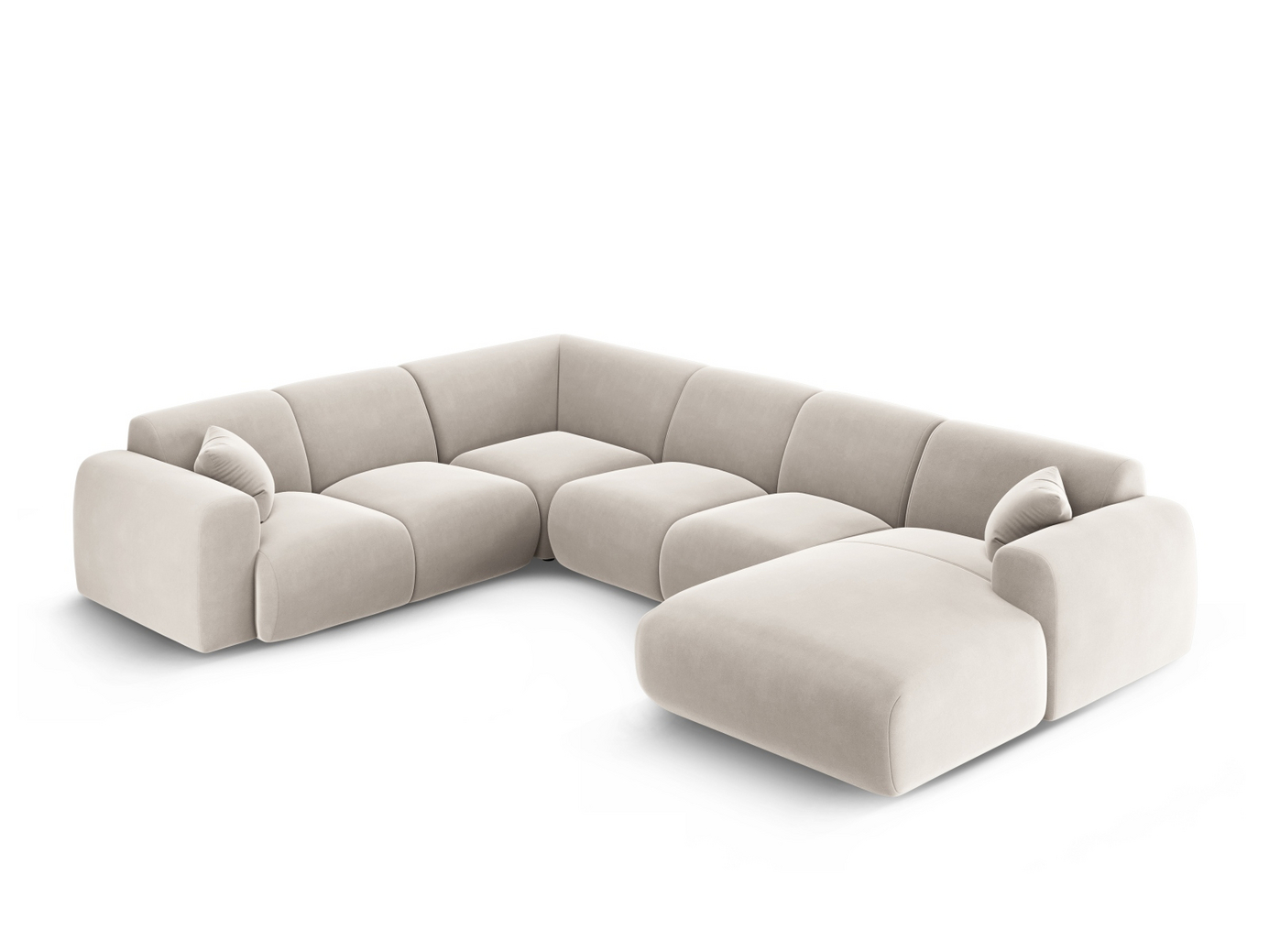 Cosmopolitan Design venstrevendt velourpanoramahjørnesofa, "Nolio", 6-personers, 342 × 252 × 72 cm, Casino, sorte plastben