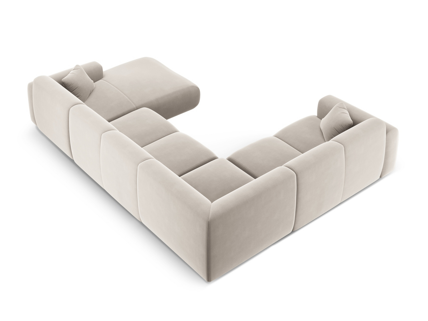 Cosmopolitan Design venstrevendt velourpanoramahjørnesofa, "Nolio", 6-personers, 342 × 252 × 72 cm, Casino, sorte plastben