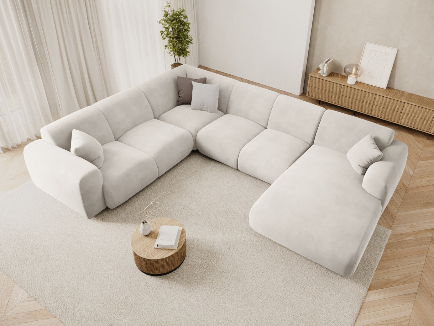 Cosmopolitan Design venstrevendt velourpanoramahjørnesofa, "Nolio", 6-personers, 342 × 252 × 72 cm, Casino, sorte plastben