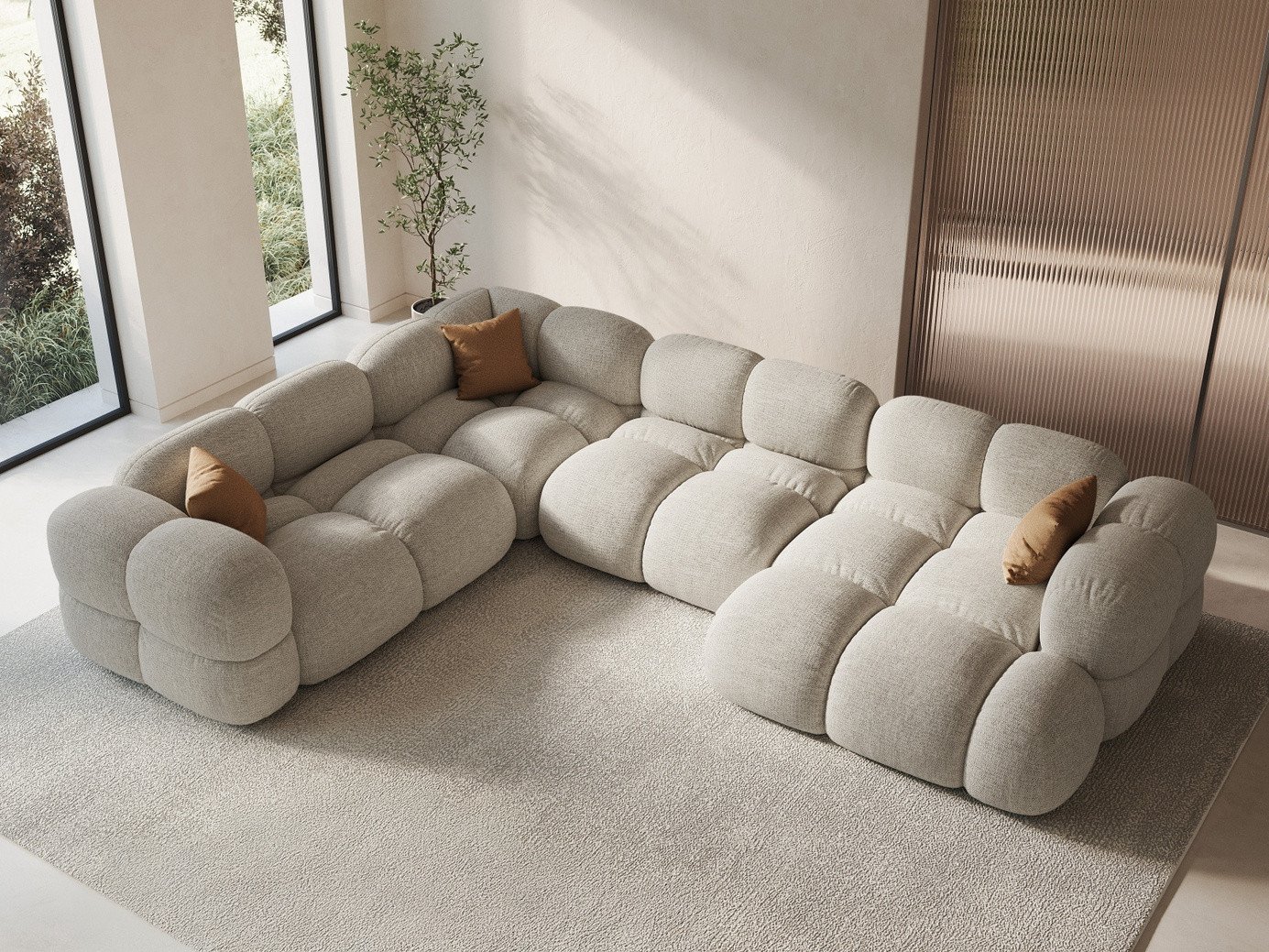 Cosmopolitan Design venstrevendt panoramahjørnesofa, "Loretto", 5-personers, 345 × 250 × 68 cm, Sorella, sorte plastben