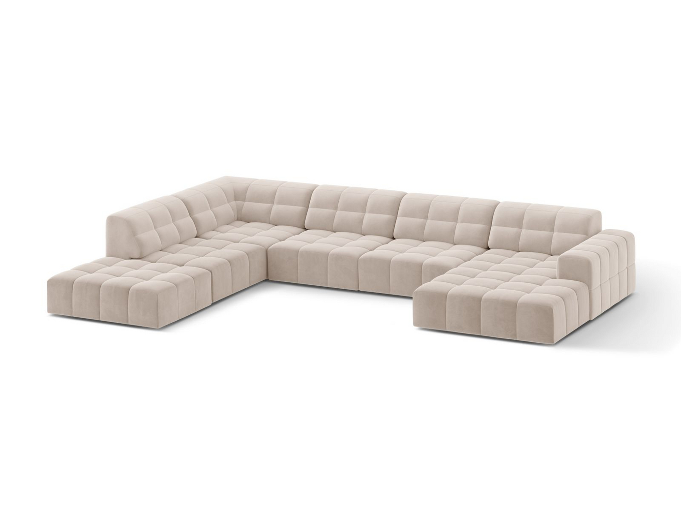 Cosmopolitan Design venstrevendt velourpanoramahjørnesofa, "Chicago", 7-personers, 375 × 263 × 78 cm, Venus, sorte plastben