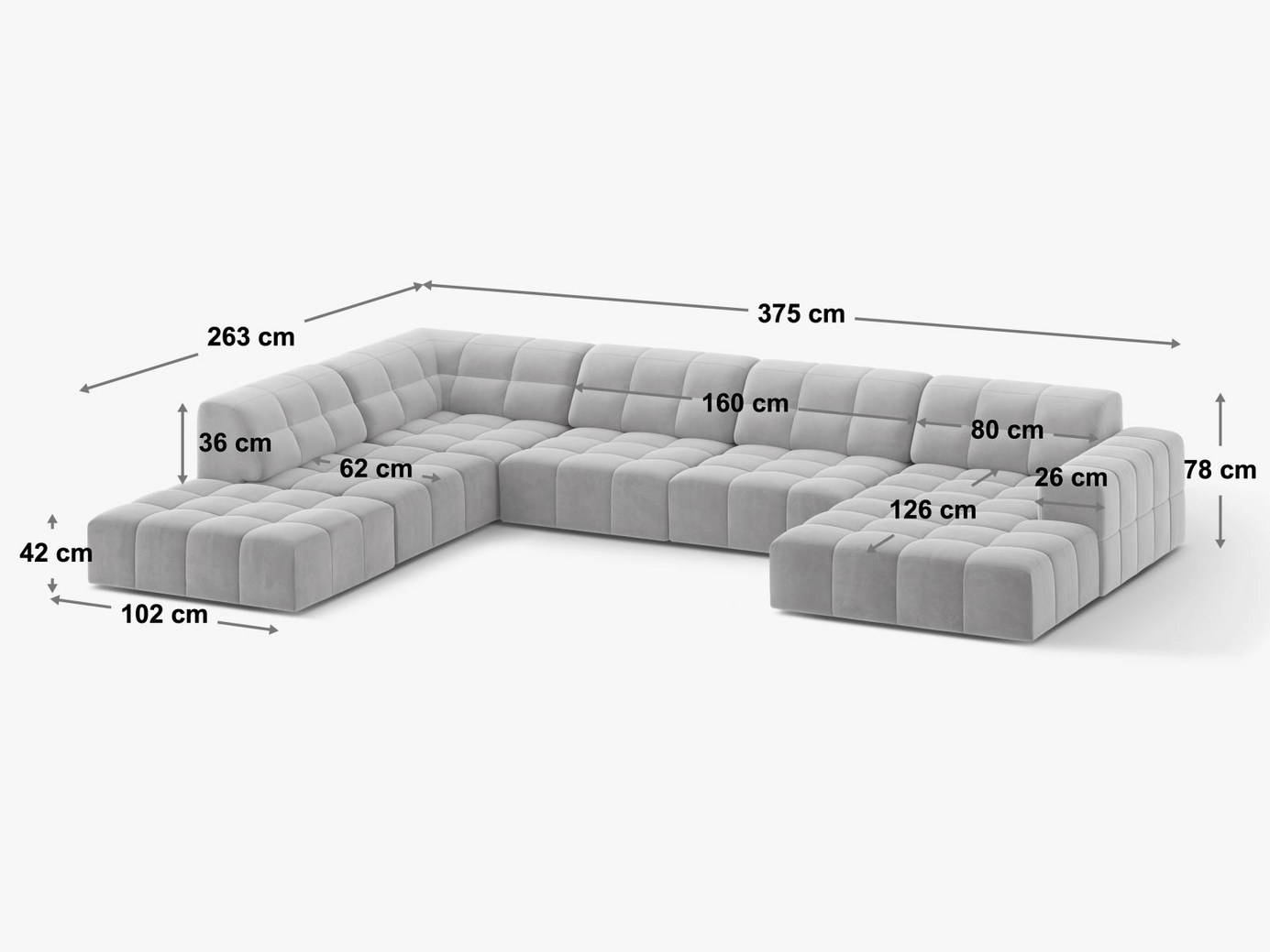 Cosmopolitan Design venstrevendt velourpanoramahjørnesofa, "Chicago", 7-personers, 375 × 263 × 78 cm, Venus, sorte plastben