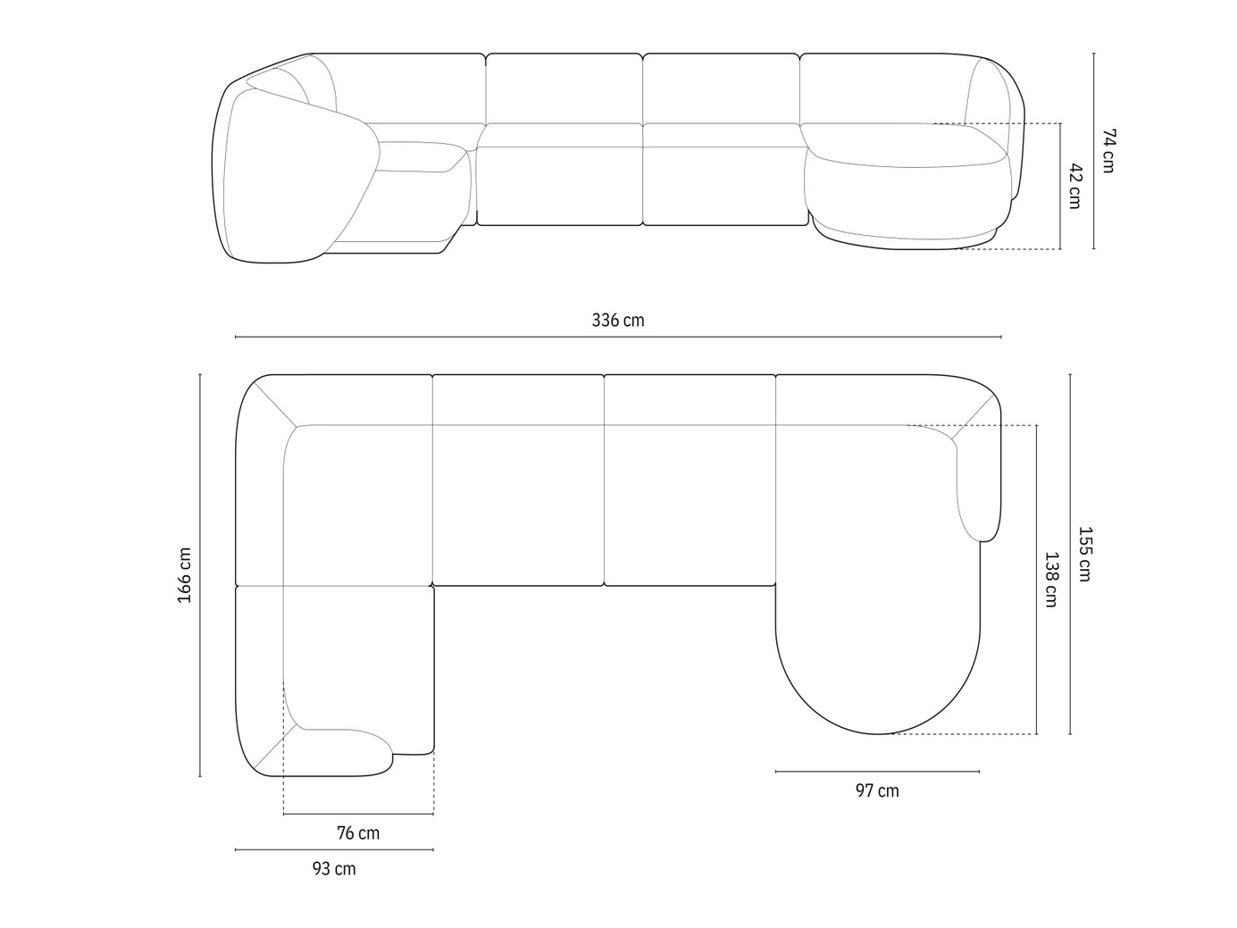 Cosmopolitan Design venstrevendt velourpanoramahjørnesofa, "Gomera", 6-personers, 336 × 166 × 74 cm, Salvador, sorte plastben
