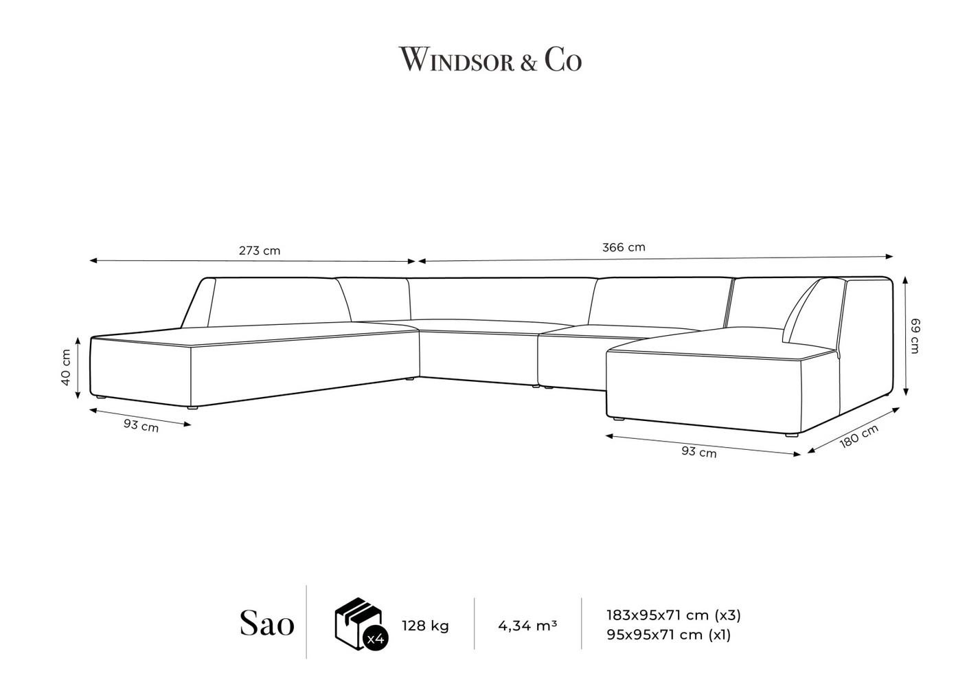 Cosmopolitan Design venstrevendt velourpanoramahjørnesofa, "Siena", 7-personers, 366 × 273 × 69 cm, Salvador, sorte plastben, Variant UL_44