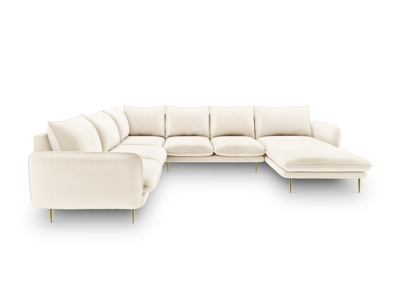 Cosmopolitan Design venstrevendt velourpanoramahjørnesofa, "Vienna", 7-personers, 330 × 235 × 95 cm, Bluvel, guldfarvede metalben