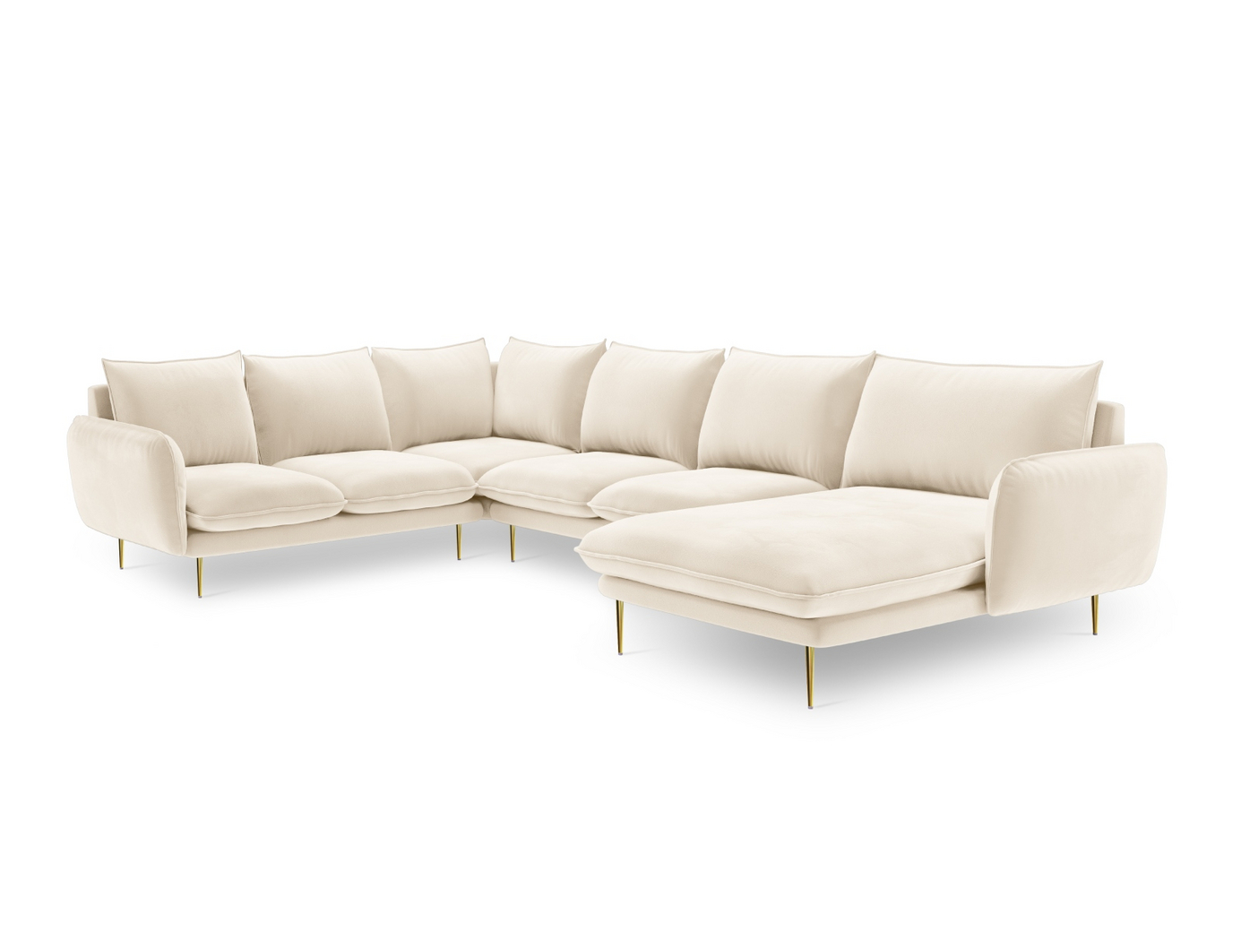 Cosmopolitan Design venstrevendt velourpanoramahjørnesofa, "Vienna", 7-personers, 330 × 235 × 95 cm, Bluvel, guldfarvede metalben