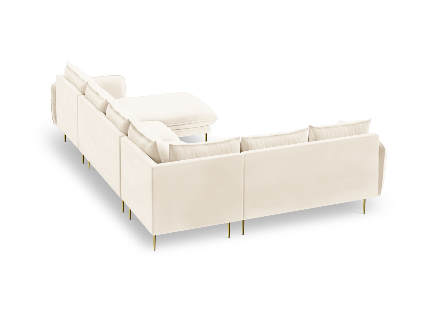 Cosmopolitan Design venstrevendt velourpanoramahjørnesofa, "Vienna", 7-personers, 330 × 235 × 95 cm, Bluvel, guldfarvede metalben