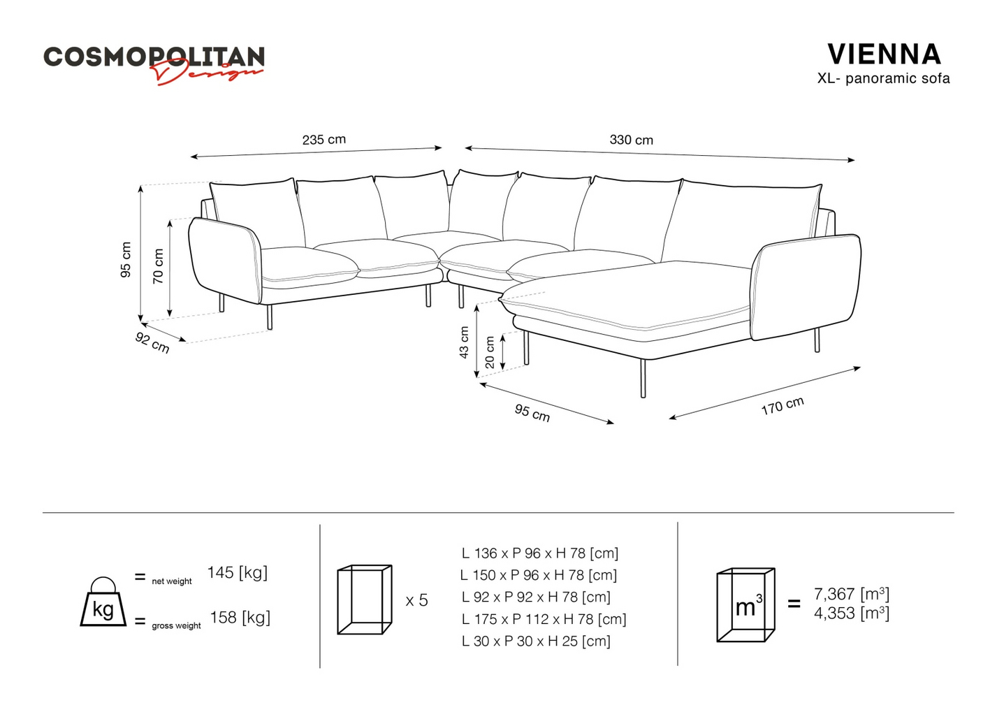Cosmopolitan Design venstrevendt velourpanoramahjørnesofa, "Vienna", 7-personers, 330 × 235 × 95 cm, Bluvel, guldfarvede metalben