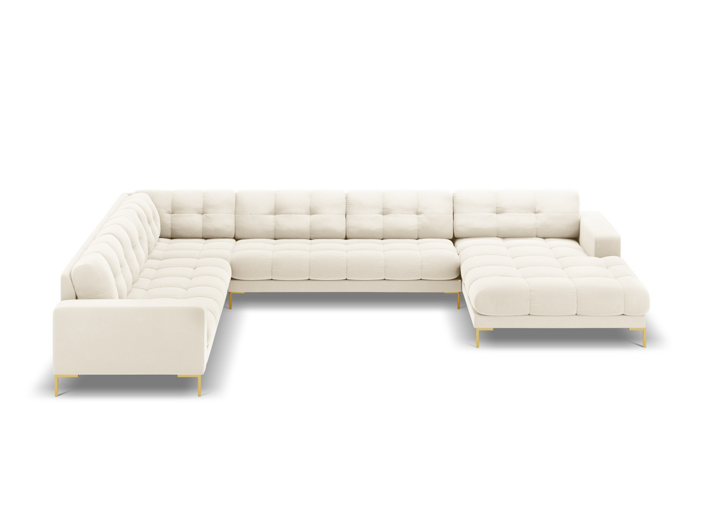 Cosmopolitan Design venstrevendt velourpanoramahjørnesofa, "Bali", 7-personers, 327 × 256 × 75 cm, Bluvel, guldfarvede metalben