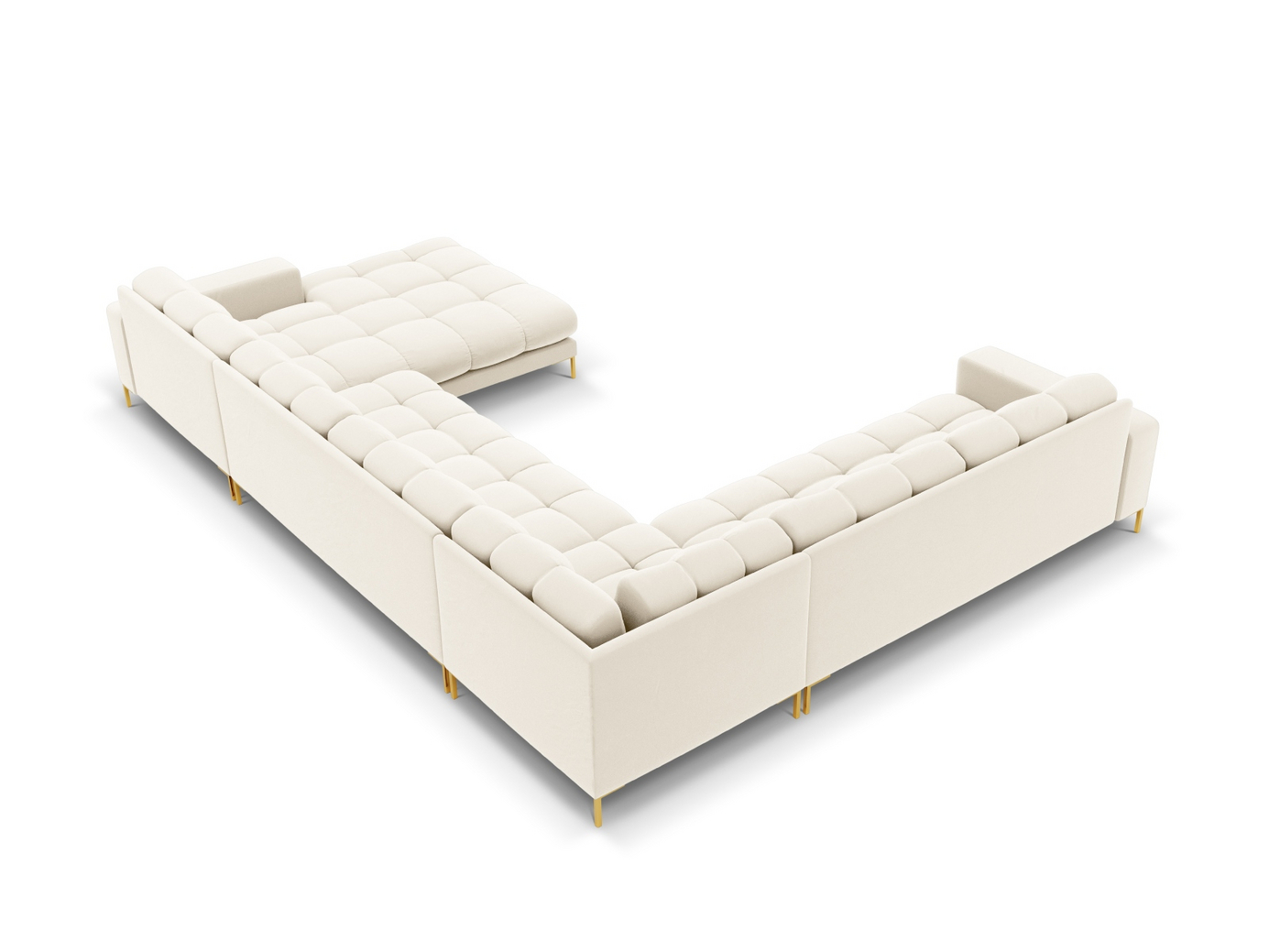 Cosmopolitan Design venstrevendt velourpanoramahjørnesofa, "Bali", 7-personers, 327 × 256 × 75 cm, Bluvel, guldfarvede metalben