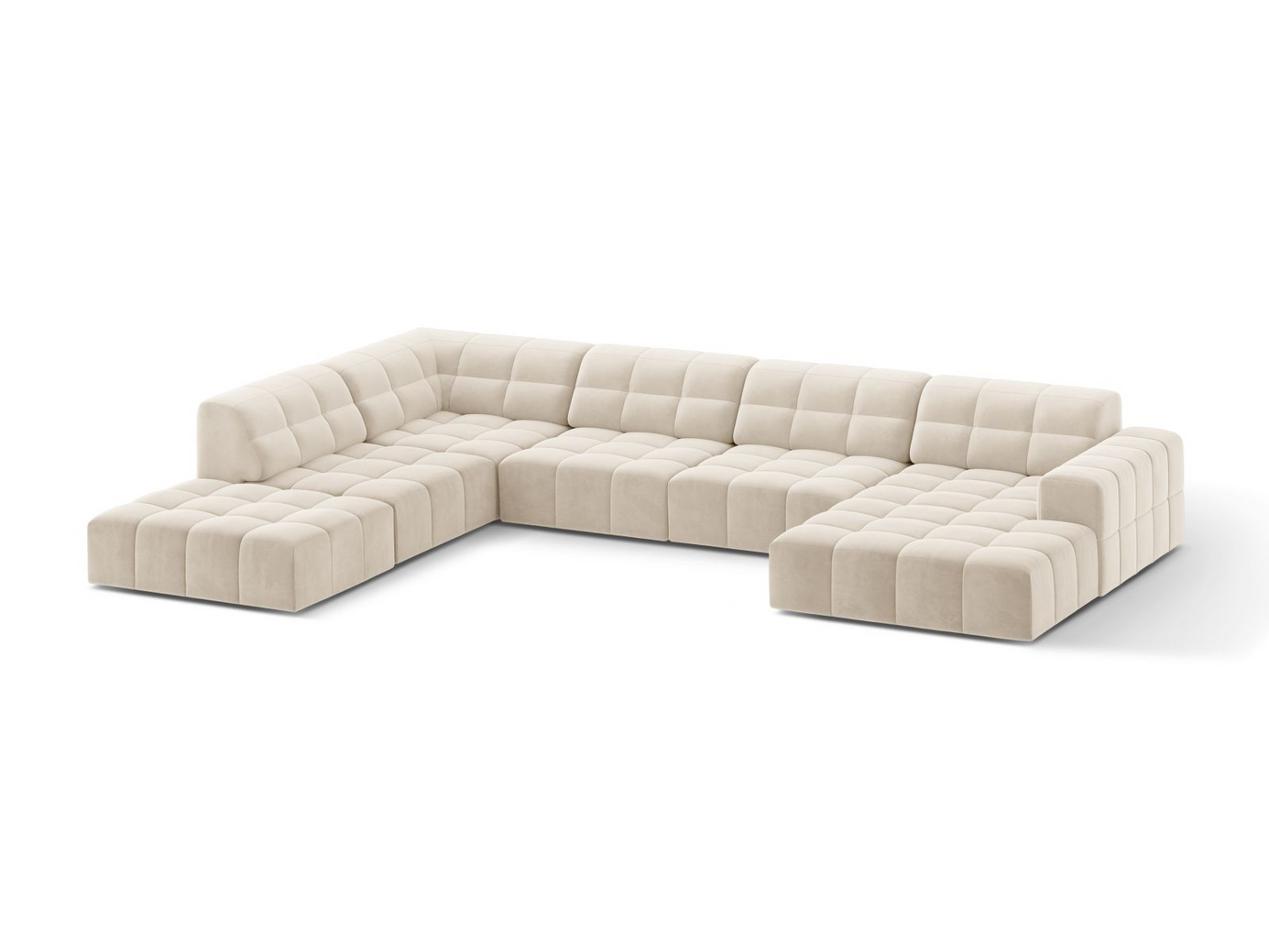 Cosmopolitan Design venstrevendt velourpanoramahjørnesofa, "Chicago", 7-personers, 375 × 263 × 78 cm, Bluvel, sorte plastben