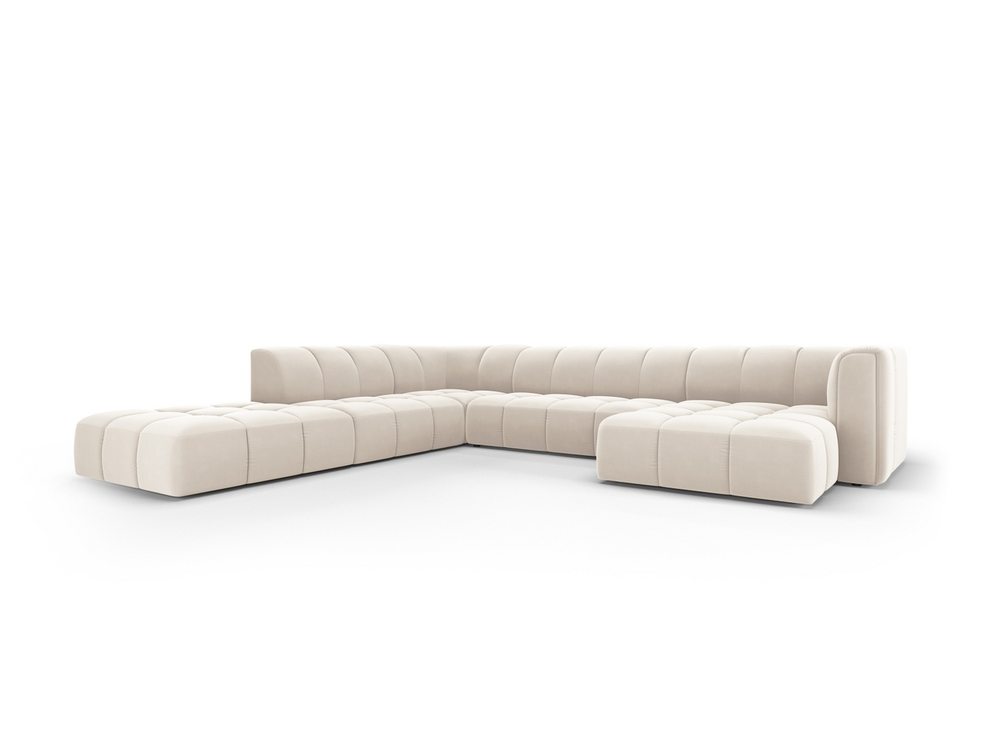 Cosmopolitan Design venstrevendt velourpanoramamodulhjørnesofa, "Moritz", 7-personers, 329 × 276 × 70 cm, Bluvel, sorte plastben