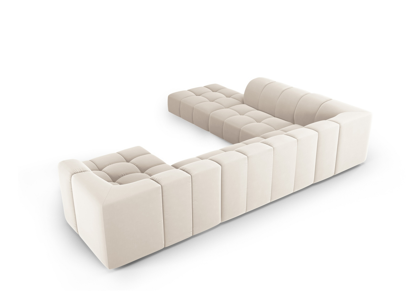 Cosmopolitan Design venstrevendt velourpanoramamodulhjørnesofa, "Moritz", 7-personers, 329 × 276 × 70 cm, Bluvel, sorte plastben