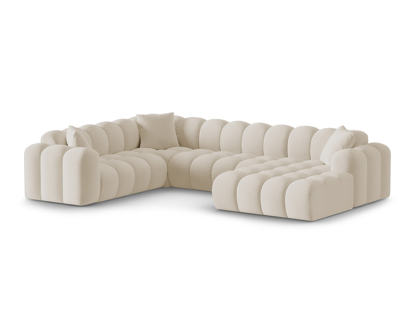 Cosmopolitan Design venstrevendt velourpanoramahjørnesofa, "Treno", 4-personers, 330 × 240 × 70 cm, Bluvel, sorte plastben