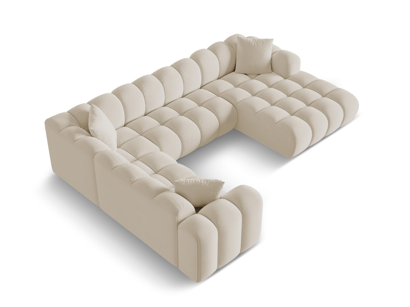 Cosmopolitan Design venstrevendt velourpanoramahjørnesofa, "Treno", 4-personers, 330 × 240 × 70 cm, Bluvel, sorte plastben