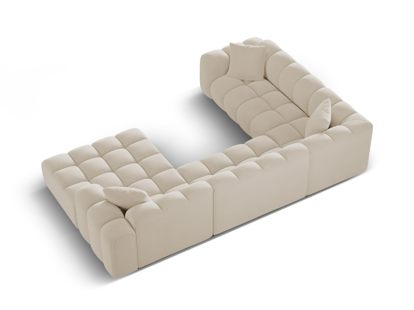 Cosmopolitan Design venstrevendt velourpanoramahjørnesofa, "Treno", 4-personers, 330 × 240 × 70 cm, Bluvel, sorte plastben