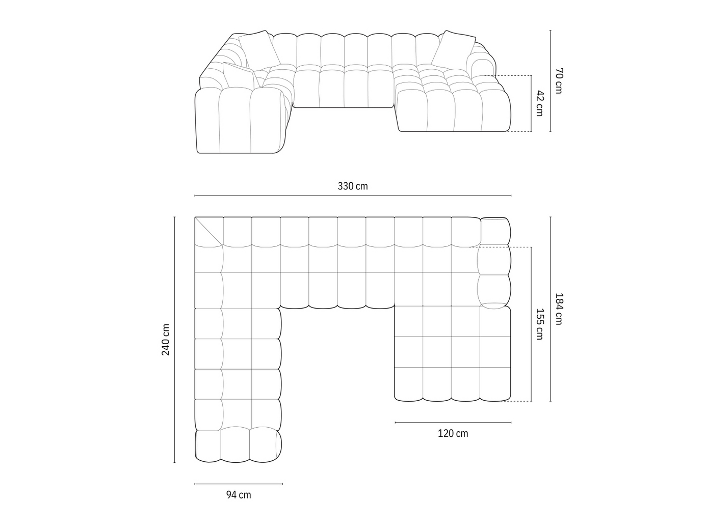 Cosmopolitan Design venstrevendt velourpanoramahjørnesofa, "Treno", 4-personers, 330 × 240 × 70 cm, Bluvel, sorte plastben