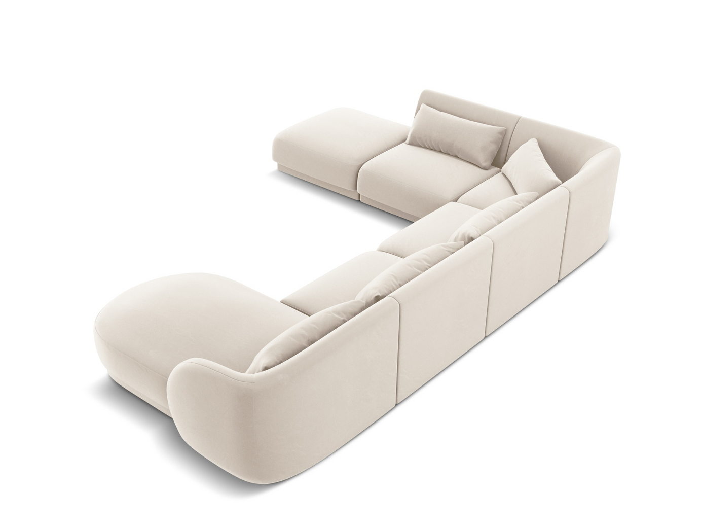 Cosmopolitan Design venstrevendt velourpanoramahjørnesofa, "Tulum", 6-personers, 330 × 255 × 70 cm, Bluvel, sorte plastben