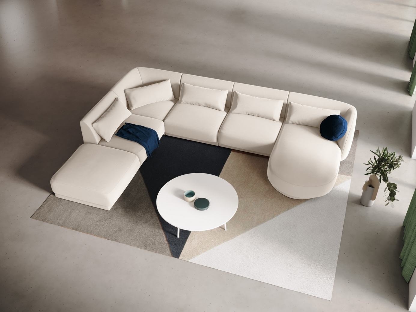 Cosmopolitan Design venstrevendt velourpanoramahjørnesofa, "Tulum", 6-personers, 330 × 255 × 70 cm, Bluvel, sorte plastben