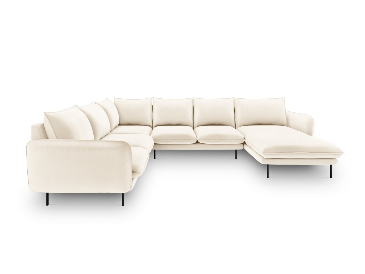 Cosmopolitan Design venstrevendt velourpanoramahjørnesofa, "Vienna", 7-personers, 330 × 235 × 95 cm, Bluvel, sorte metalben