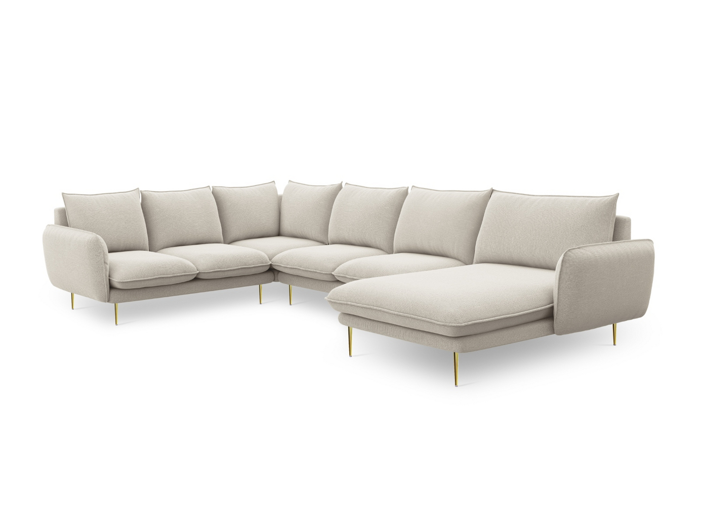Cosmopolitan Design venstrevendt panoramahjørnesofa, "Vienna", 7-personers, 330 × 235 × 95 cm, Positano, guldfarvede metalben