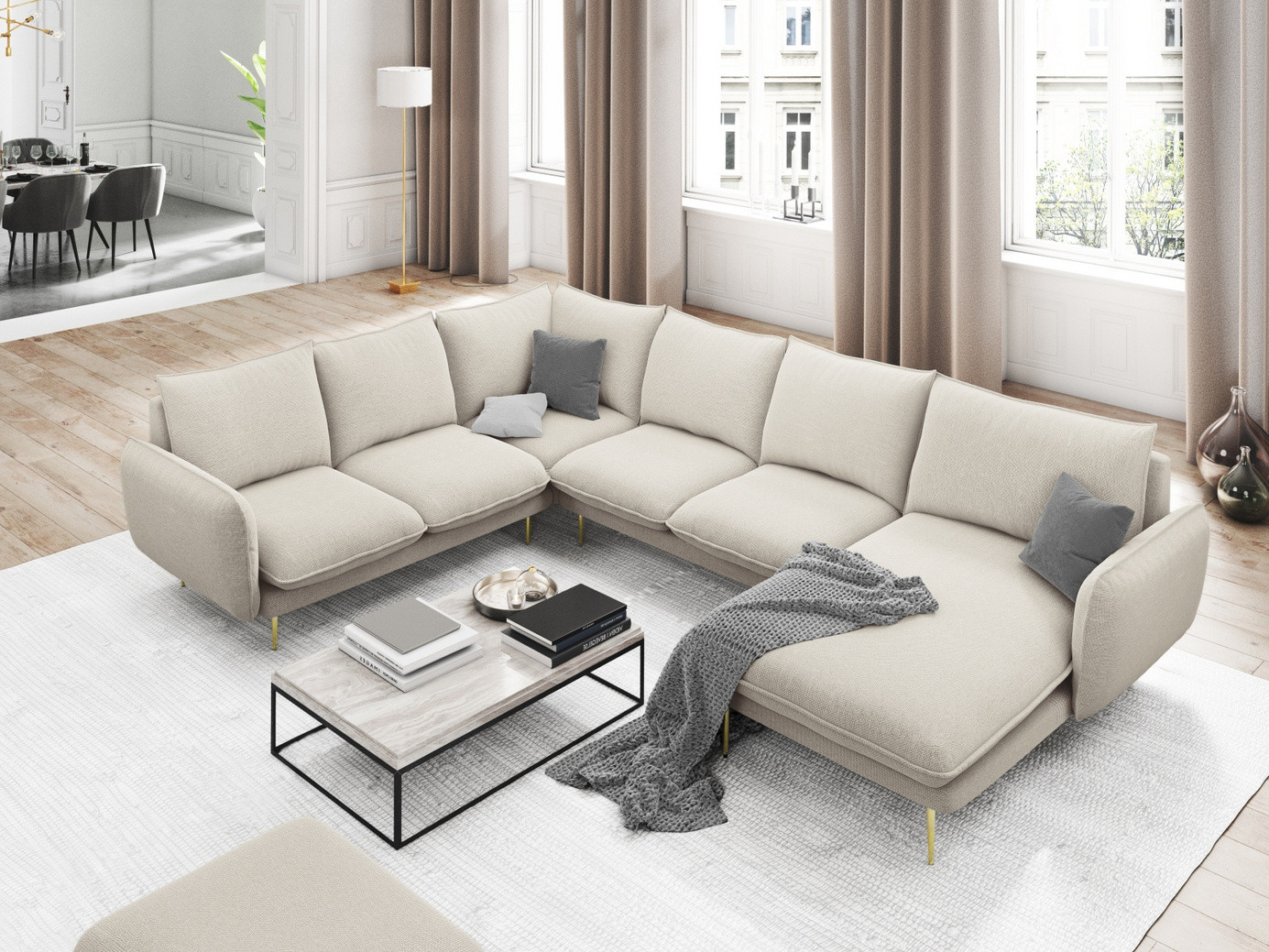 Cosmopolitan Design venstrevendt panoramahjørnesofa, "Vienna", 7-personers, 330 × 235 × 95 cm, Positano, guldfarvede metalben