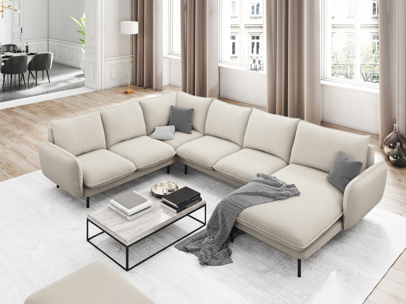 Cosmopolitan Design venstrevendt panoramahjørnesofa, "Vienna", 7-personers, 330 × 235 × 95 cm, Positano, sorte metalben