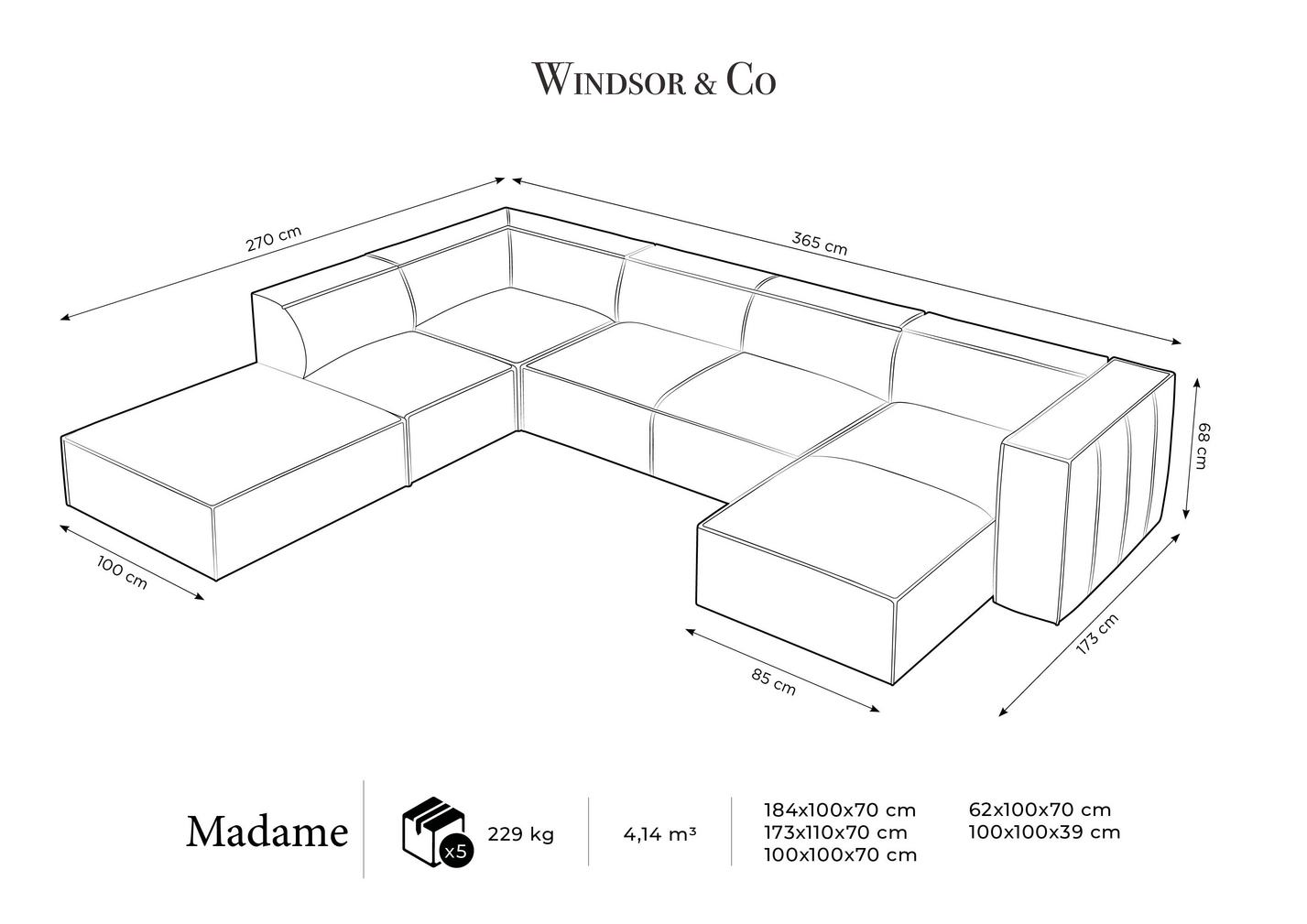 Cosmopolitan Design venstrevendt ægte læder panoramahjørnesofa, "Turin", 6-personers, 365 × 270 × 68 cm, Granada, ben i sort bøg
