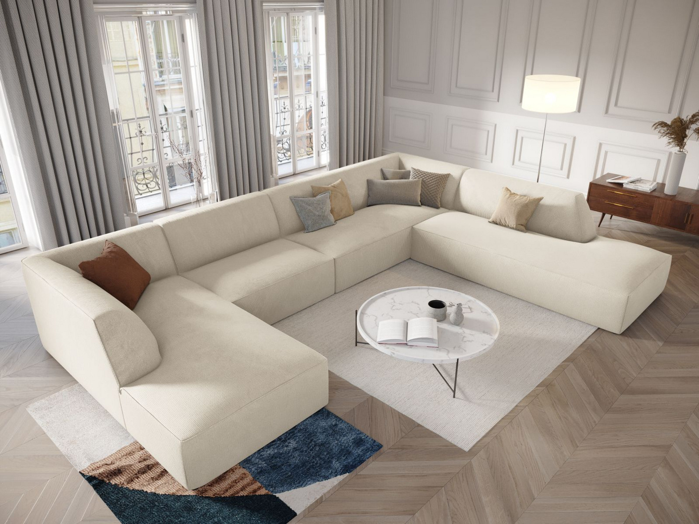 Cosmopolitan Design højrevendt panoramahjørnesofa, "Siena", 7-personers, 366 × 273 × 69 cm, Scala, sorte plastben