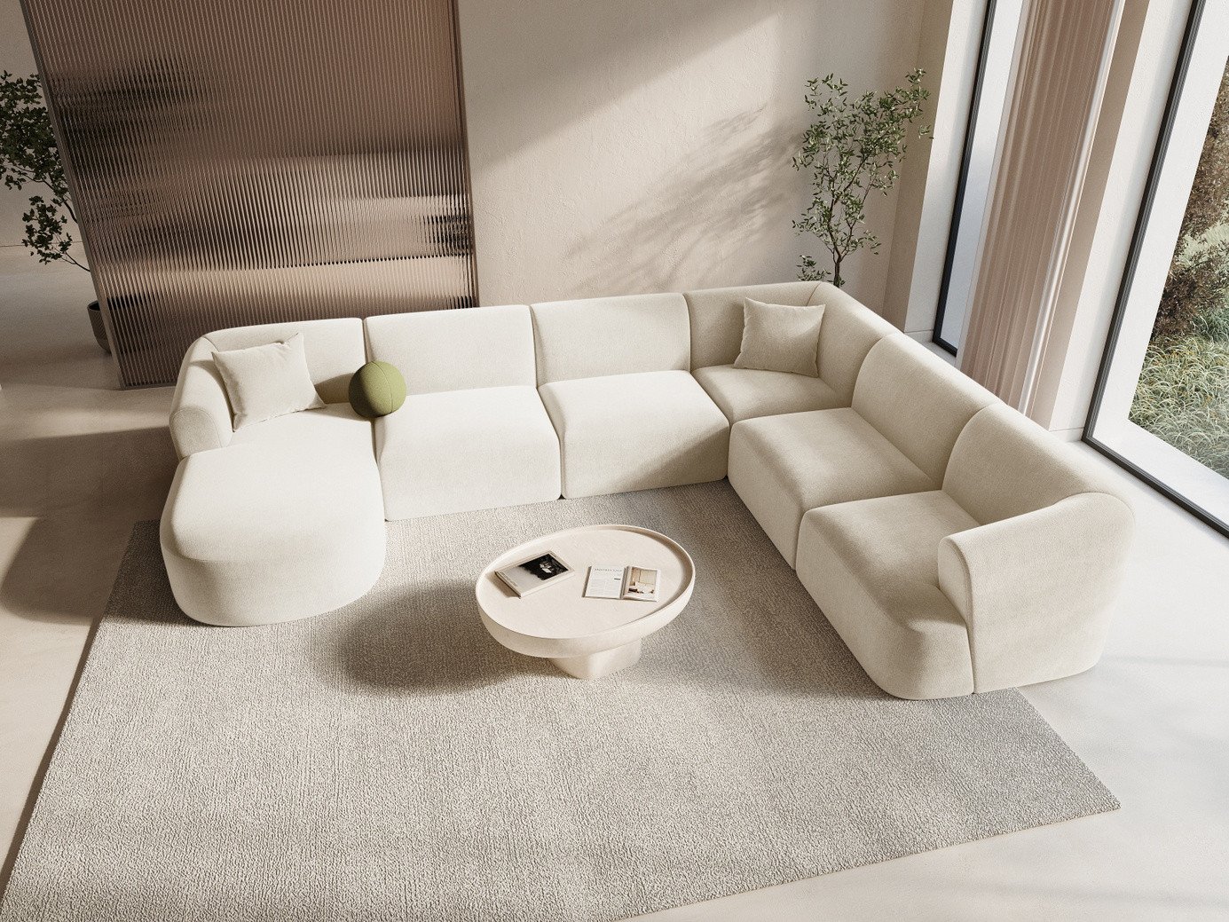 Cosmopolitan Design højrevendt velourpanoramamodulhjørnesofa, "Campi", 7-personers, 330 × 255 × 70 cm, Vogue, sorte plastben