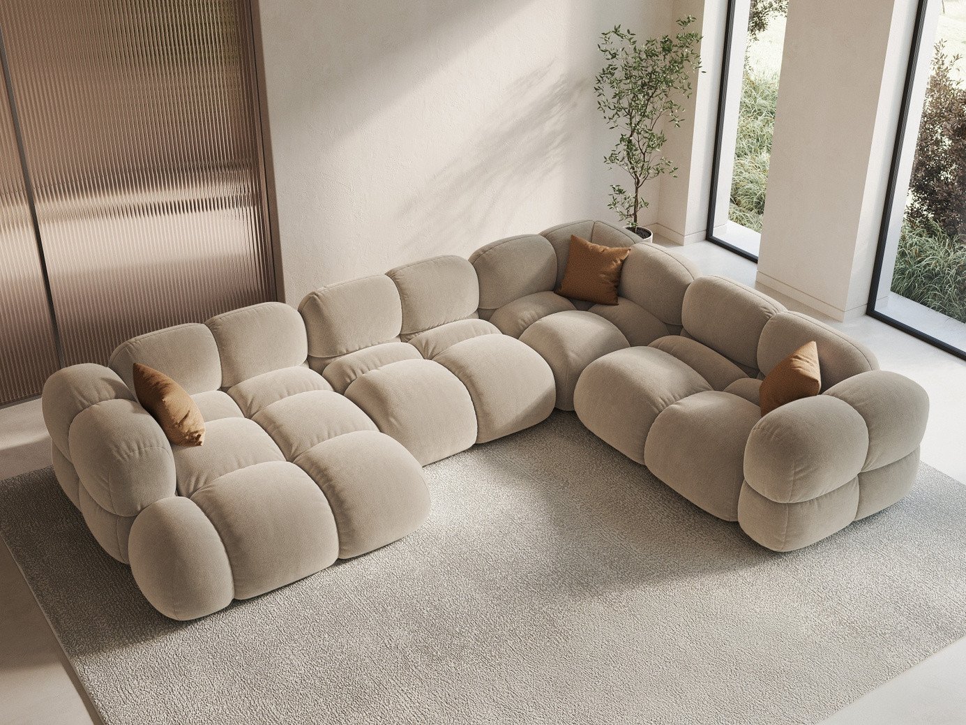 Cosmopolitan Design højrevendt velourpanoramahjørnesofa, "Loretto", 5-personers, 345 × 250 × 68 cm, Vogue, sorte plastben