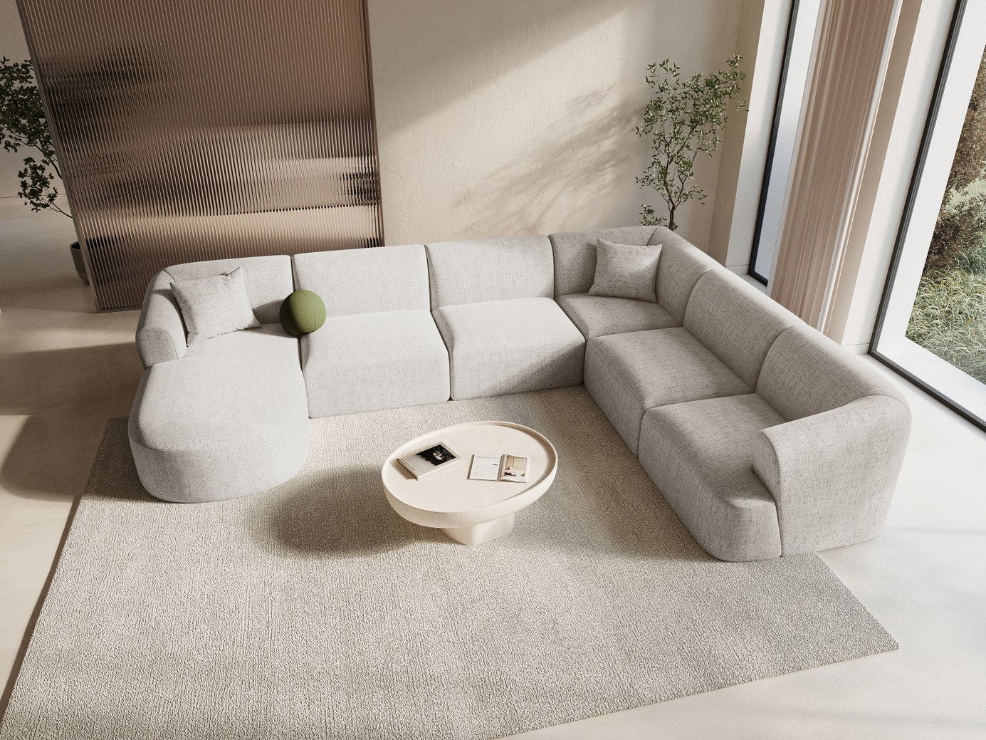 Cosmopolitan Design højrevendt panoramamodulhjørnesofa, "Campi", 7-personers, 330 × 255 × 70 cm, Moly, sorte plastben