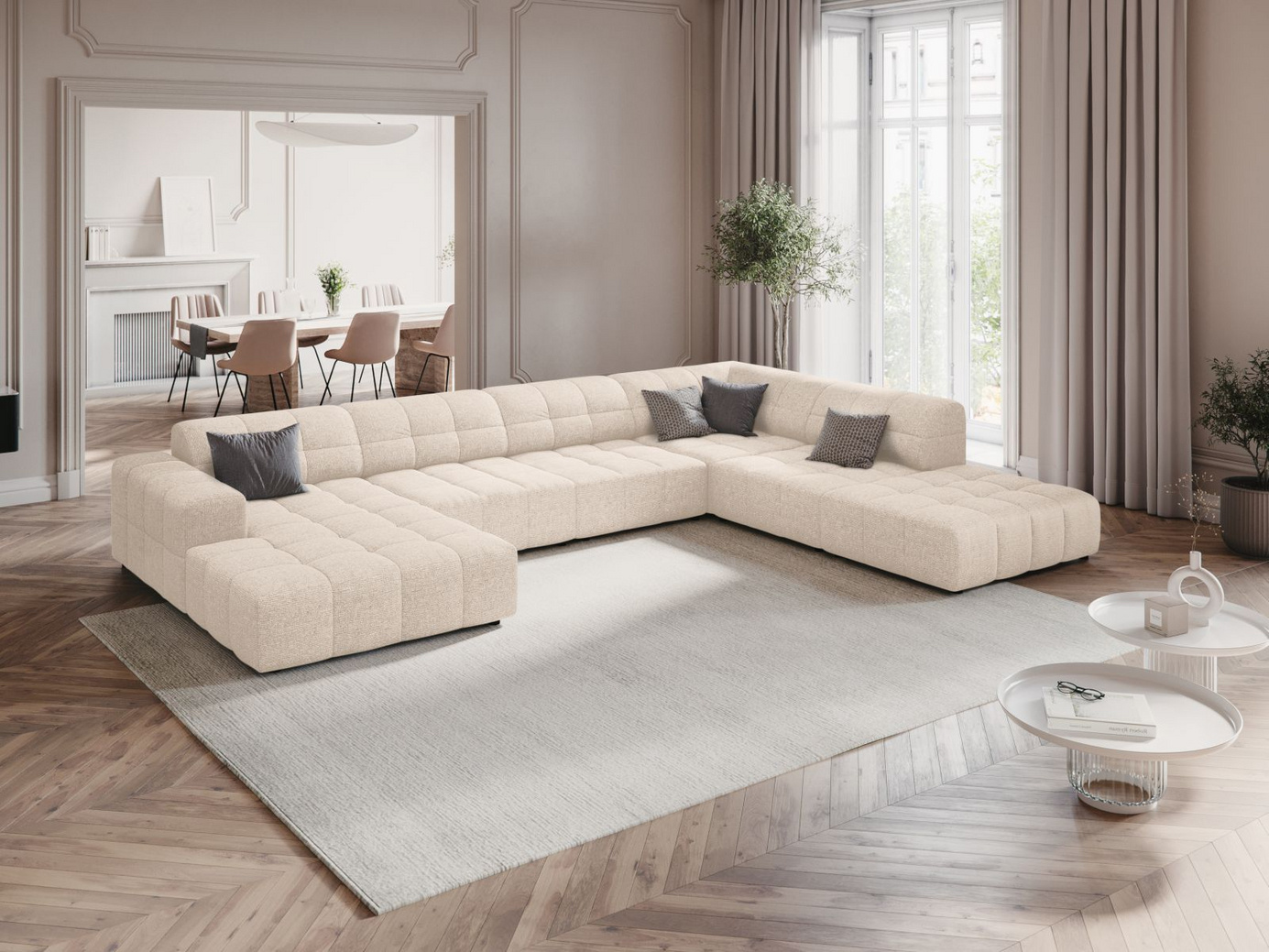 Cosmopolitan Design højrevendt panoramahjørnesofa, "Chicago", 7-personers, 375 × 263 × 78 cm, Haga, sorte plastben