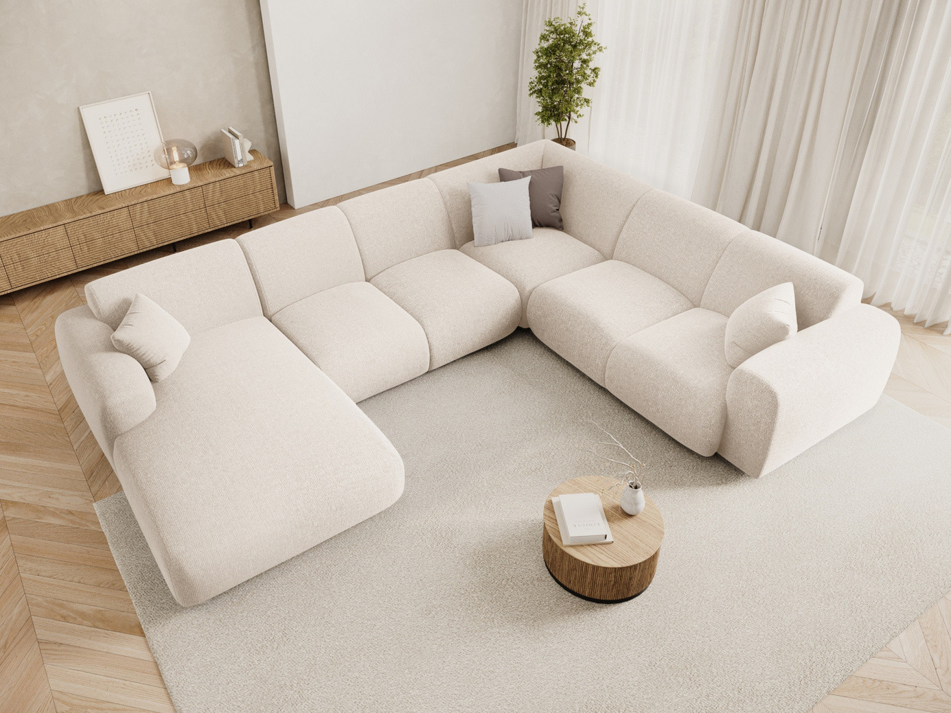 Cosmopolitan Design højrevendt panoramahjørnesofa, "Nolio", 6-personers, 342 × 252 × 72 cm, Haga, sorte plastben